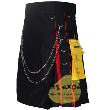 Black Wedding Rainbow Kilt With Stylish Pockets & Chain - Kilt Experts