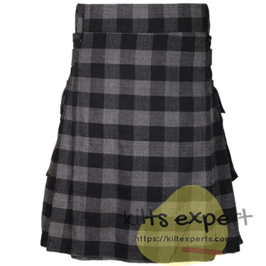 Buffalo Grey/Black Acrylic Wool 16oz Leather Straps Kilt For Men's Kilt Experts