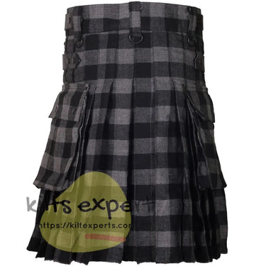 Buffalo Grey/Black Acrylic Wool 16oz Leather Straps Kilt For Men's Kilt Experts