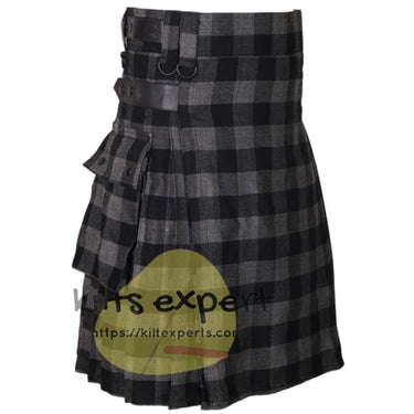 Buffalo Grey/Black Acrylic Wool 16oz Leather Straps Kilt For Men's Kilt Experts