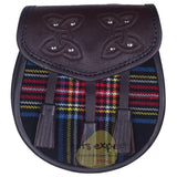 Chocorate Brown Three Teasal Leather Sporrans With Chain & Belt - Black Stewart Tartan Kilt Experts