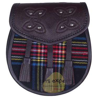 Chocorate Brown Three Teasal Leather Sporrans With Chain & Belt - Black Stewart Tartan Kilt Experts