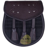 Chocorate Brown Three Teasal Leather Sporrans With Chain & Belt - Dark Grey Highlander Tartan Kilt Experts