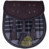 Chocorate Brown Three Teasal Leather Sporrans With Chain & Belt - Light Grey Highlander Tartan Kilt Experts