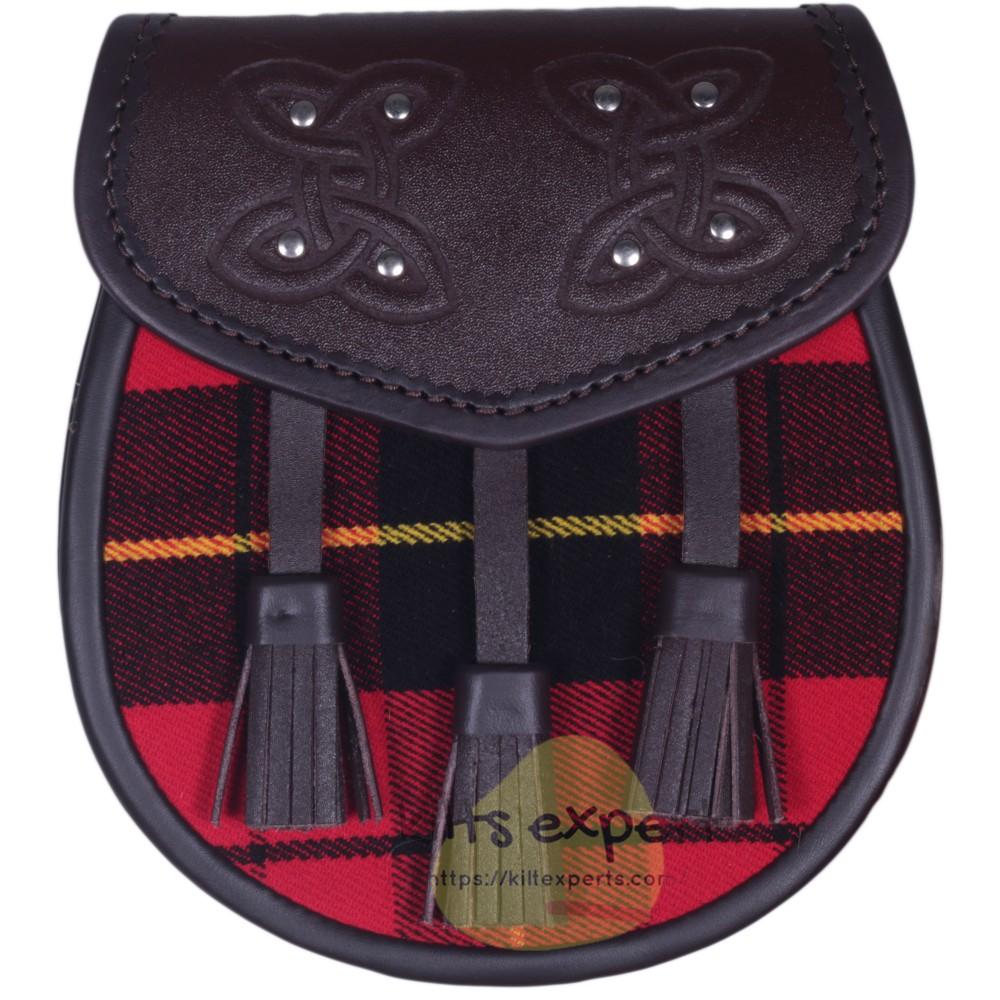 Chocorate Brown Three Teasal Leather Sporrans With Chain & Belt - Wallace Tartan Kilt Experts