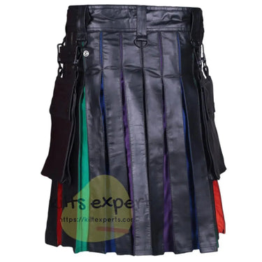 Cowhide Leather Rainbow Leather Straps Kilt With Detachable Pockets Kilt Experts