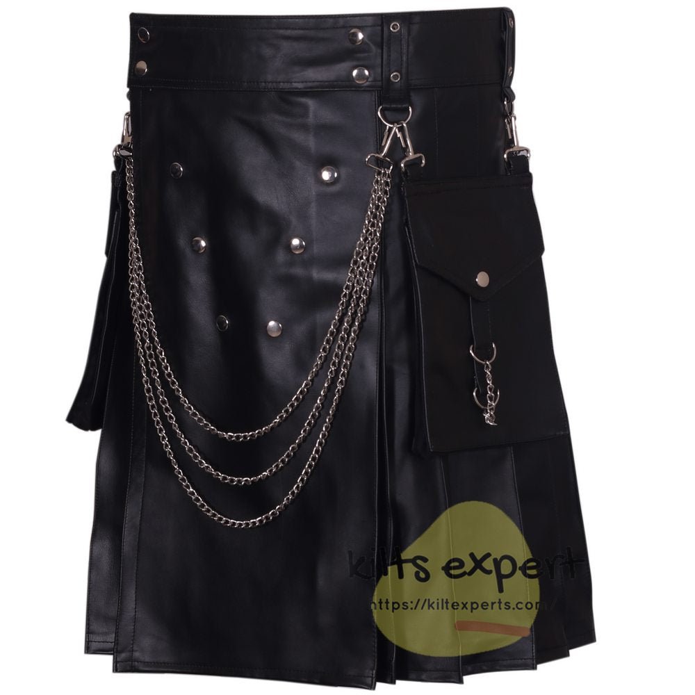 Men's Genuine Cowhide Leather Kilt With Detachable Chain & Pockets - Kilt Experts