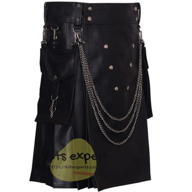 Men's Genuine Cowhide Leather Kilt With Detachable Chain & Pockets - Kilt Experts