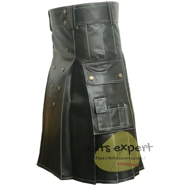 Men's Pure Black Cowhide Leather Kilt For Wedding/Events - Kilt Experts