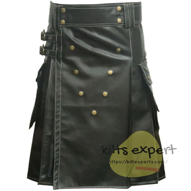 Men's Pure Black Cowhide Leather Kilt For Wedding/Events - Kilt Experts