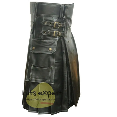 Men's Pure Black Cowhide Leather Kilt For Wedding/Events - Kilt Experts