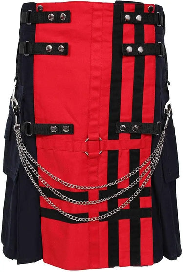 Red & Navy Deluxe Utility Fashion Kilt with Chain 100% Cotton 16-oz Heavy Fabric - Kilt Experts