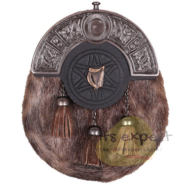 Scottish Celtic Harp Matel Bras Badge and Full Style Kilt Sporrans for Men with a Leather Strap and an Antique Finish Chain - Kilt Experts