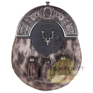 Scottish Deer Head Matel Bras Badge and Welsh Dragon Style Kilt Sporrans for Men with a Leather Strap and an Antique Finish Chain - Kilt Experts