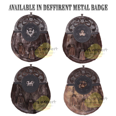 Scottish Deffirent Matel Bras Badge Kilt Sporrans for Men with a Leather Strap and an Antique Finish Chain - Kilt Experts