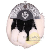 Scottish Full Dress Sporran White and Black Rabbit Fur & Chrome Celtic Cantle With Thistle - Kilt Experts