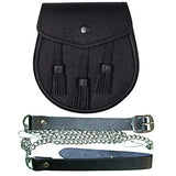 US Buyers Only - Black Basic Leather Three Teasal Sporran With Chain and Belt - Kilt Experts
