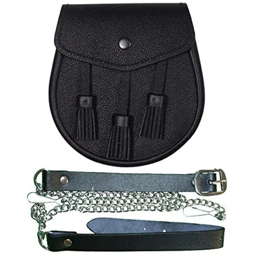 US Buyers Only - Black Basic Leather Three Teasal Sporran With Chain and Belt - Kilt Experts