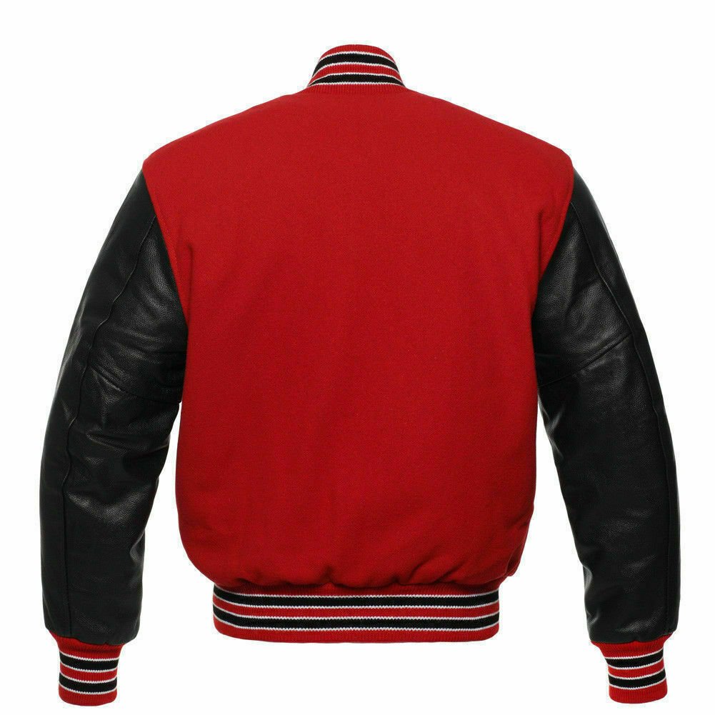 Varsity Letterman Baseball Jacket in Red Wool & Genuine Black Leather Sleeves - Kilt Experts