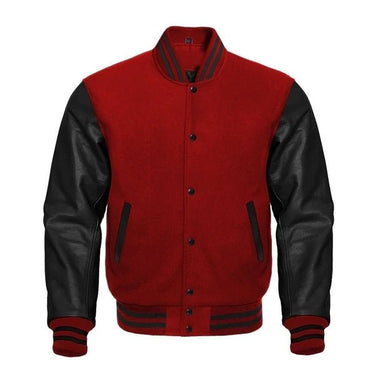 VARSITY LETTERMAN BASEBALL JACKET WOOL BODY & LEATHER SLEEVES RED & BLACK - Kilt Experts