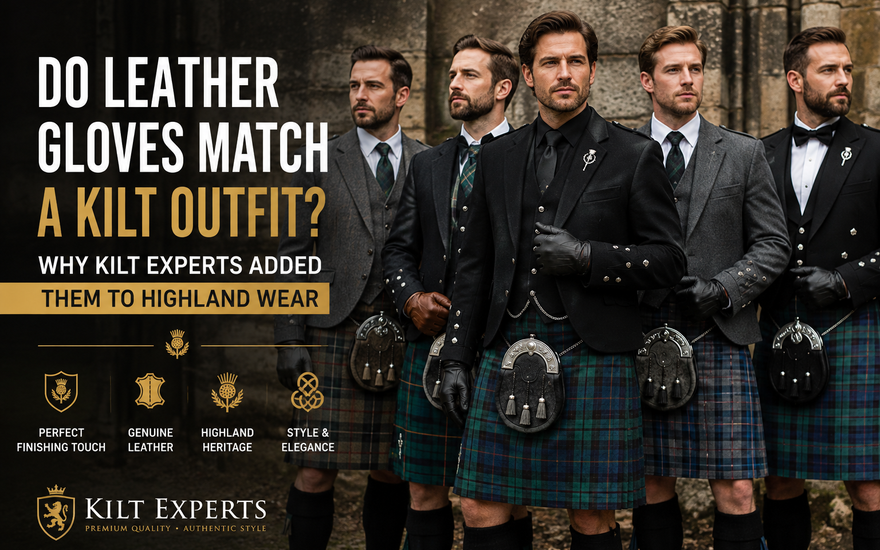 Men wearing leather gloves with traditional Scottish tartan kilt outfits