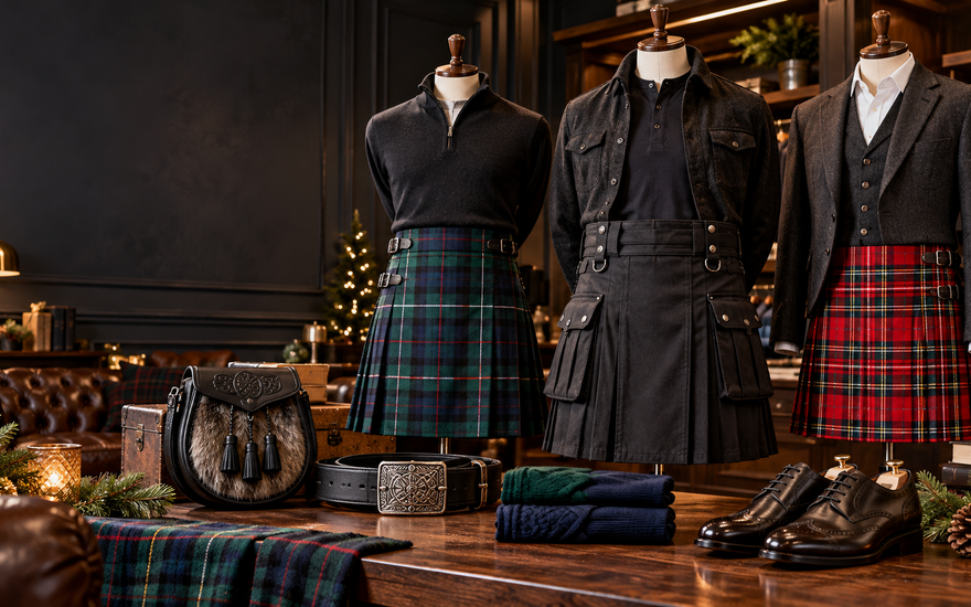 Black Friday kilt shopping guide featuring tartan, utility and formal kilts with Highland accessories