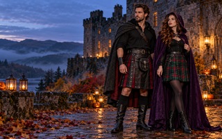 Man and woman wearing gothic Highland and tartan kilt Halloween outfits outside a Scottish castle