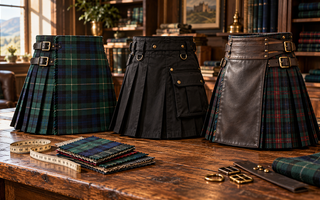 Three kilt styles on a tailor's table illustrating kilt price and quality factors