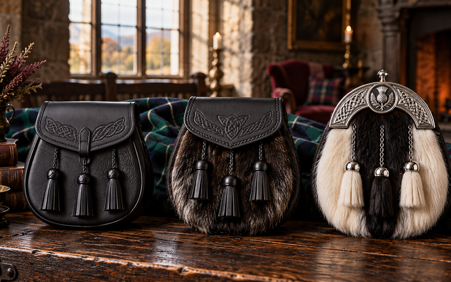 Day, semi-dress and full-dress sporrans displayed with green tartan in a Scottish manor