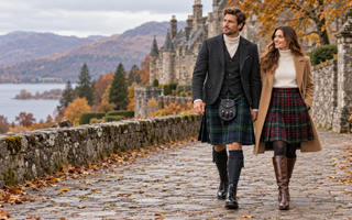 Man and woman wearing layered tartan kilt outfits in an autumn Scottish Highland setting