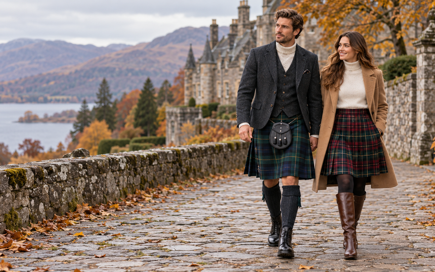 Man and woman wearing layered tartan kilt outfits in an autumn Scottish Highland setting