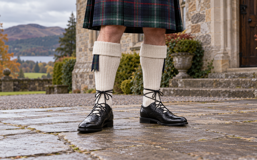 Black ghillie brogues tied neatly over cream kilt hose with a tartan kilt