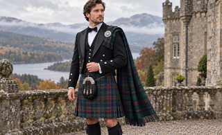 Formal Highland outfit with a matching tartan fly plaid pinned over the left shoulder