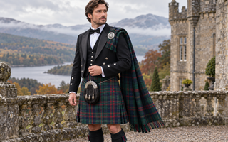 Formal Highland outfit with a matching tartan fly plaid pinned over the left shoulder