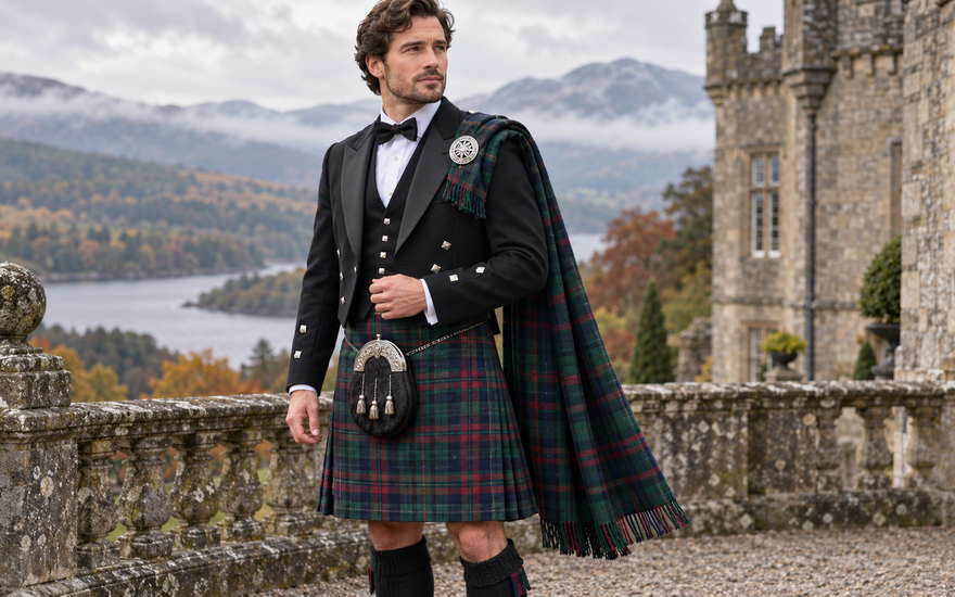 Formal Highland outfit with a matching tartan fly plaid pinned over the left shoulder
