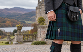 Correct kilt pin placement on the lower right outer apron of a green and navy tartan kilt