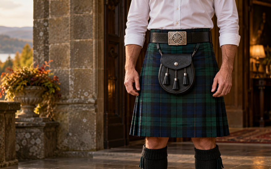 Centered Celtic buckle on a wide black leather kilt belt worn with a green tartan kilt