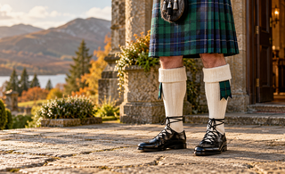 Cream kilt hose folded below the knee with tartan flashes and black ghillie brogues