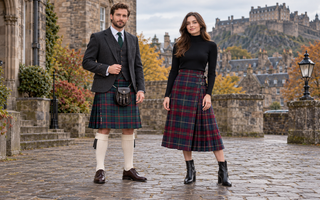 Traditional Scottish kilt and modern women's tartan kilt skirt shown side by side in Edinburgh