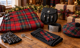 Tartan kilt and Highland accessories arranged as Scottish Christmas gifts