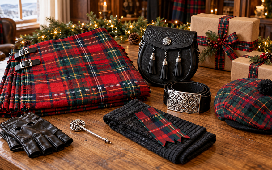 Tartan kilt and Highland accessories arranged as Scottish Christmas gifts