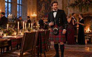 Man in formal Highland dress at an elegant Burns Night supper