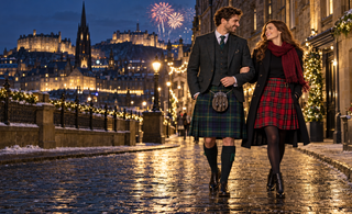 Hogmanay kilt outfits for men and women on a festive Scottish winter street