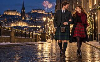 Hogmanay kilt outfits for men and women on a festive Scottish winter street