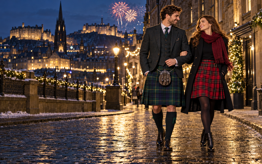 Hogmanay kilt outfits for men and women on a festive Scottish winter street