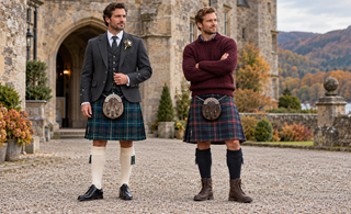 Two adult men wearing formal and casual tartan kilt outfits in a Scottish castle courtyard