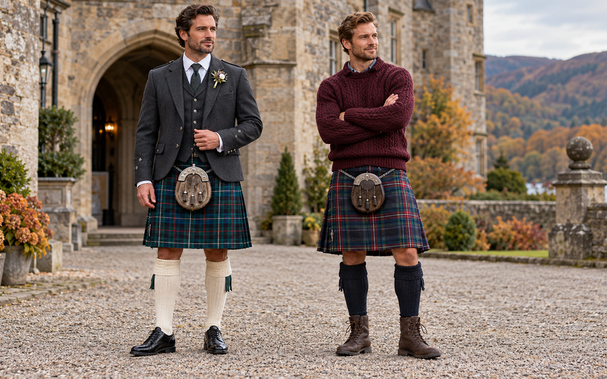 Two adult men wearing formal and casual tartan kilt outfits in a Scottish castle courtyard