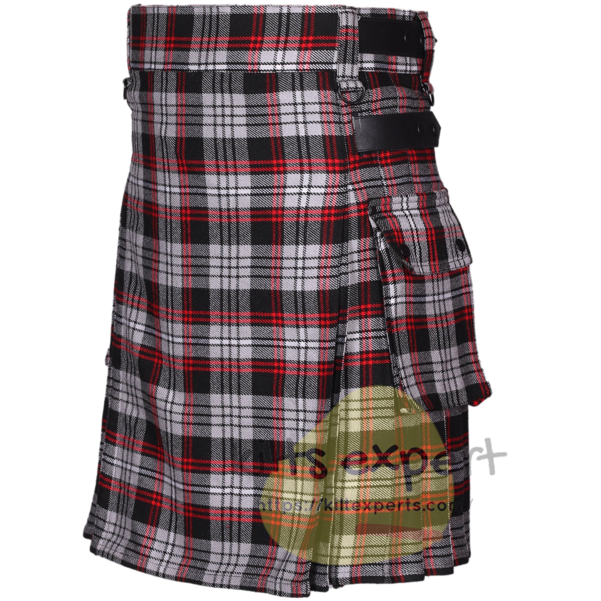 Auld Lang Syne Grey Tartan Leather Straps Utility Kilt (Available In Many Tartans) - Kilt Experts