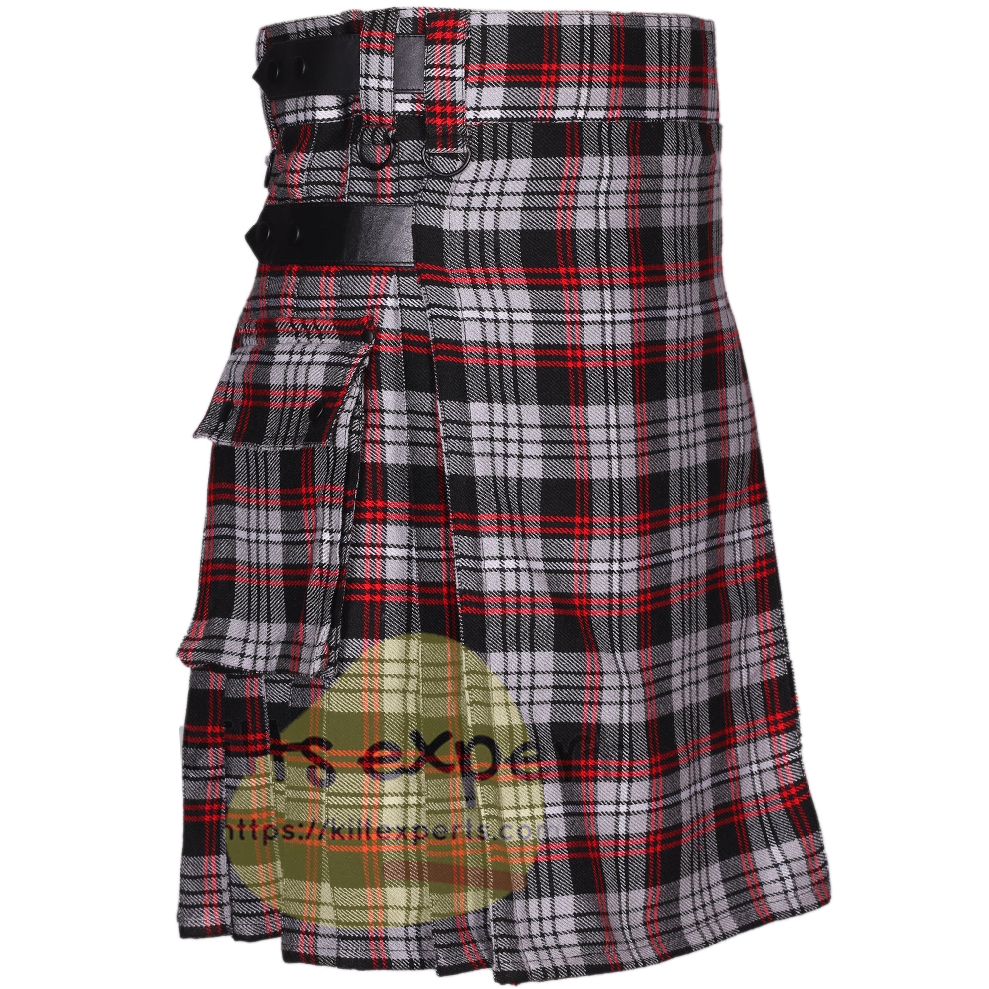 Auld Lang Syne Grey Tartan Leather Straps Utility Kilt (Available In Many Tartans) - Kilt Experts