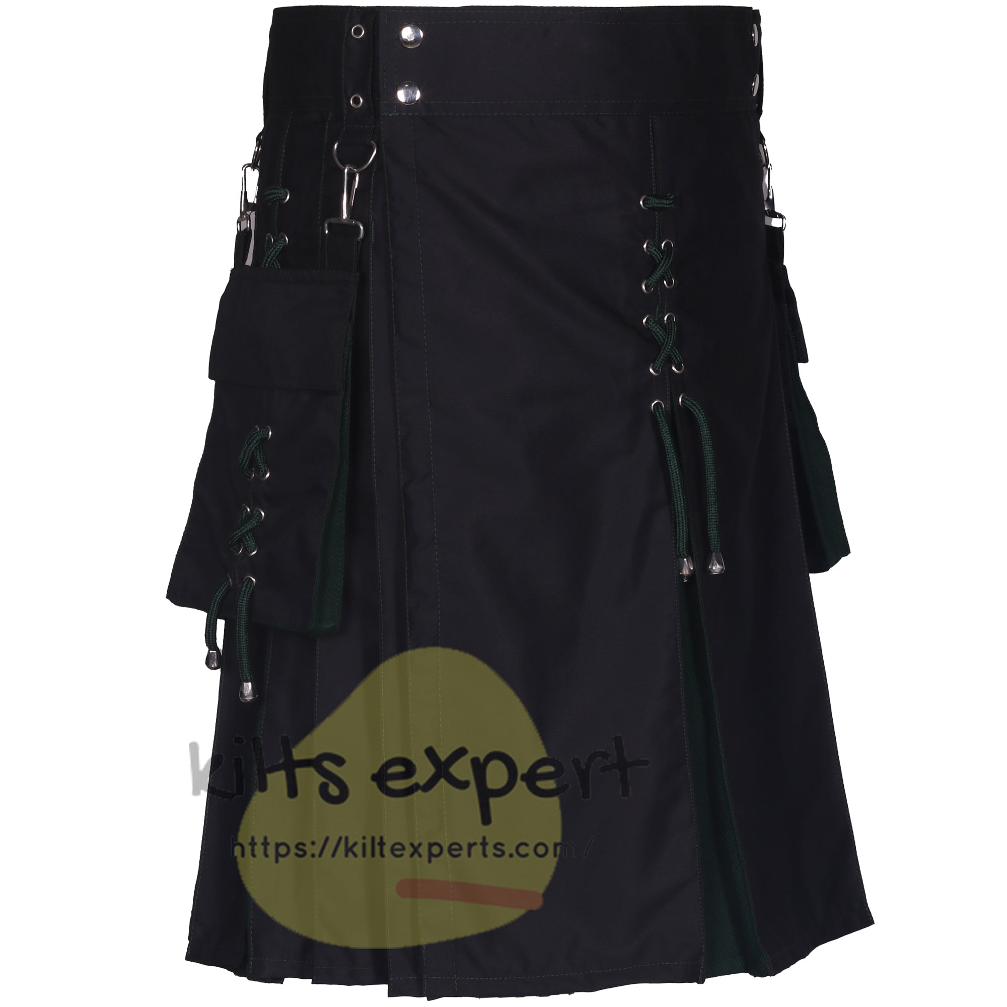 Black Cotton & Solid Green Hybrid Kilt – Stylish Utility Kilt with Laced Details & Pockets - Kilt Experts